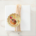 Happy Hanukkah Holiday Donuts and Menorah Gold Favor Tags<br><div class="desc">Beautiful Happy Hanukkah Holiday Sticker decorated with Gold Hanukkah Menorah, Dreidel, Donuts cookies, Sparkles Festive Decorative Gold Background. For Creation and Customize Your Personal Holiday text template. Seasonal Trendy Festive Graphic design. Happy Hanukkah Crafts & Party Supplies > Party Supplies > Favors & Packaging > Favor Tags. Hanukkah Festival Jewish...</div>