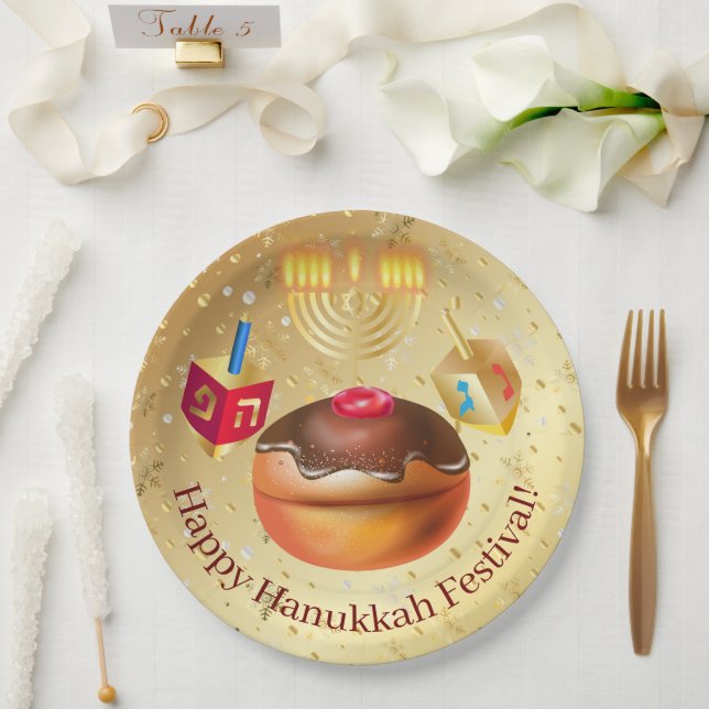 Happy Hanukkah Holiday Donuts and Menorah Gold Paper Plates (Wedding)
