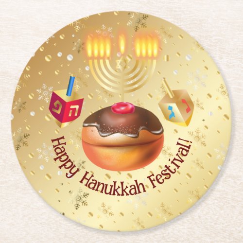 Happy Hanukkah Holiday Donuts and Menorah Gold Round Paper Coaster