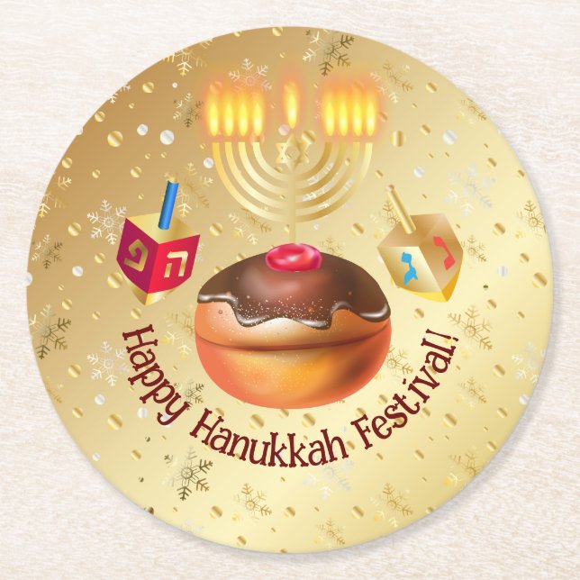 Happy Hanukkah Holiday Donuts and Menorah Gold Round Paper Coaster (Front)