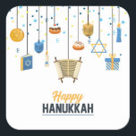 Happy Hanukkah Holiday Icon Decorations Square Sticker<br><div class="desc">This holiday design features Hanukkah icons as decorative ornaments including items such as torah, dreidel, Star of David, candles. gold coins and jewish doughnuts (sufganiyah). #hanukkah #chanukah #happyhanukkah #holidays #seasonal #festive #torah #donuts #doughnuts #dreidel #light #candle #gift #coin #gold #blue #jewish #modern #design #style #stylish #greetings #stickers #labels#giftwrapping #crafts #sufganiyah...</div>