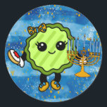 Happy Hanukkah Holiday Pickle   Classic Round Sticker<br><div class="desc">Cute holiday pickle all decked out for Hanukkah. Collect all our funny holiday pickles!</div>