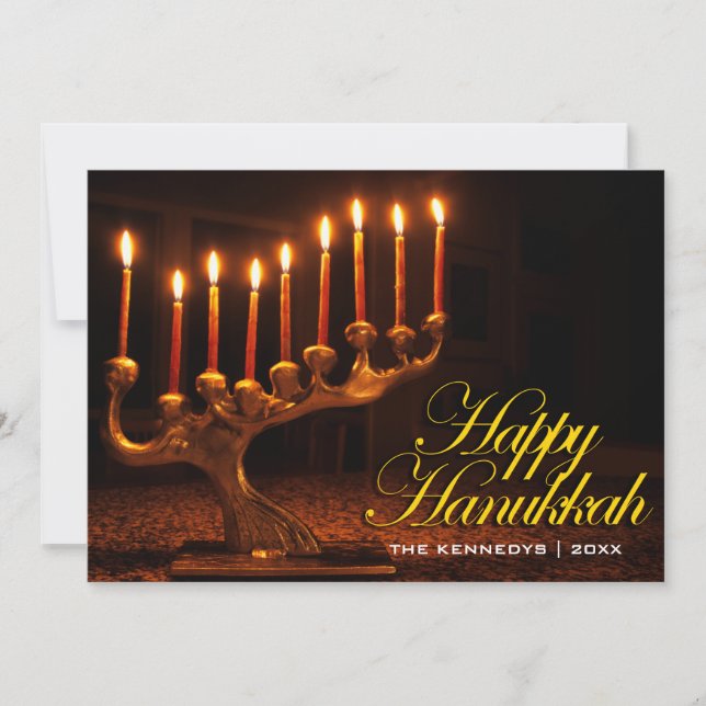 Happy Hanukkah - Illuminated Nine Candle Menorah Holiday Card (Front)