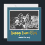 Happy Hanukkah in Teal Blue and Faux Gold Photo Holiday Card<br><div class="desc">Say Happy Hanukkah with this simple photo card in faux gold and dark teal blue. The background color can be changed by clicking the customize button.</div>