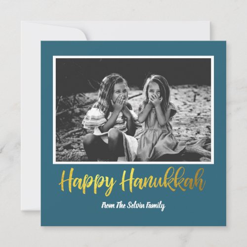 Happy Hanukkah in Teal Blue and Faux Gold Photo Holiday Card
