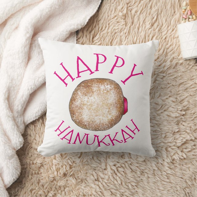 Happy Hanukkah Jelly Donut Doughnut Sufganiyot Throw Pillow (Blanket)