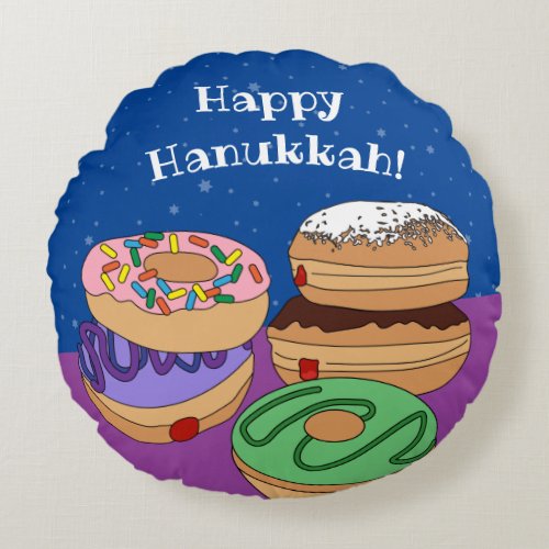 Happy Hanukkah Jelly Donuts Round Pillow