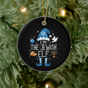 Happy Hanukkah Jewish Elf Family Group Christmas Ceramic Ornament