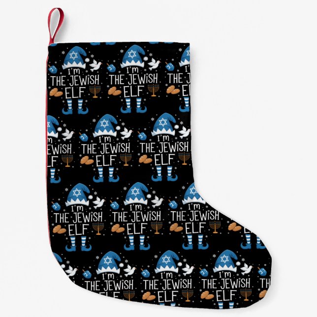 Happy Hanukkah Jewish Elf Family Group Christmas  Small Christmas Stocking (Front)