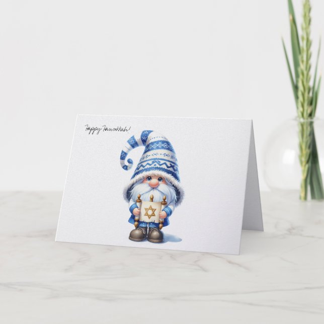 Happy Hanukkah Jewish Gnome with Star of David Holiday Card (Front)