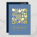 Happy Hanukkah Jewish Greeting Foil Holiday Card<br><div class="desc">Happy Hanukkah / Chanukah Modern Geometric Holiday Greetings in Real Gold Foil on Blue. Menorah, Dreidel, Donuts, Stars & Olive oil... They are all here. Jewish Hanukkah Symbols Space to add your personalized text on the front & reverse. Hebrew on the reverse says "Chanukah Sameash" Happy Hanukkah. This upscale, beautiful,...</div>