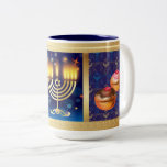 Happy Hanukkah Jewish Holiday Beautiful Two-Tone Coffee Mug<br><div class="desc">Happy Hanukkah Beautiful Jewish Holiday Coffee Mug & Cup Design. Jewish Holiday Hanukkah background with traditional Chanukah symbols - wooden dreidels (spinning top),  donuts,  menorah,  candles,  star of David and glowing lights wallpaper,  decorative pattern for Home,  Kitchen & Dining,  Drinkware,  Mugs & Cups. Hanukkah Festival Decoration. Judaica. Jerusalem,  Israel.</div>