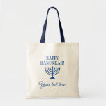 Happy Hanukkah Jewish Holiday menorah custom Tote Bag<br><div class="desc">Happy Hanukkah Jewish Holiday menorah custom canvas tote bag. Custom gift idea for family gathering,  reunion party,  celebrations and more. Blue and white design with religious icon.</div>
