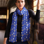 Happy Hanukkah Jewish Holiday Scarf<br><div class="desc">Happy Hanukkah Jewish Holiday Scarf. An elegant Happy Hanukkah pattern of Jewish symbols of the menorah,  star of David,  and scroll,  in gold on a blue scarf. A stylish gift for a party of Jewish friends and family this holiday season.
 Choose the size from options menu.</div>