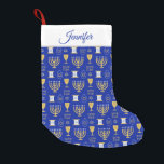 Happy Hanukkah Jewish Holiday Small Christmas Stocking<br><div class="desc">An elegant Happy Hanukkah pattern of Jewish symbols of menorah,  star of David, scroll,  in gold on a dark blue background stockings. A stylish gift for Jews friends and family this holiday season. Customize and personalize the name.</div>