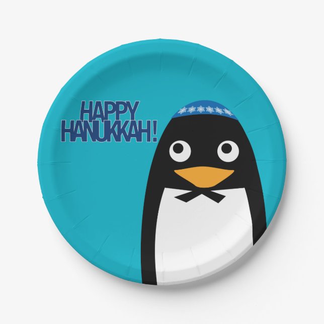 Happy Hanukkah Jewish Penguin Yarmulke Paper Plates (Front)
