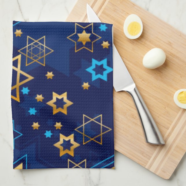 Happy Hanukkah Jewish Star Menorah Blue Kitchen Towel (Quarter Fold)