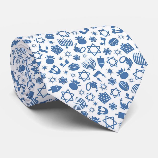 Happy Hanukkah Jewish Star Menorah Blue Neck Tie (Rolled)