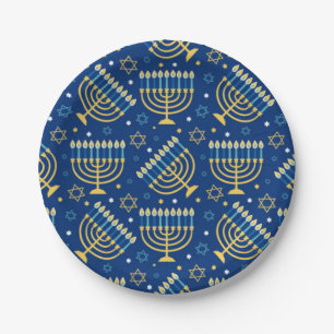 Happy Hanukkah Jewish Star Menorah Blue Paper Plat Plates
