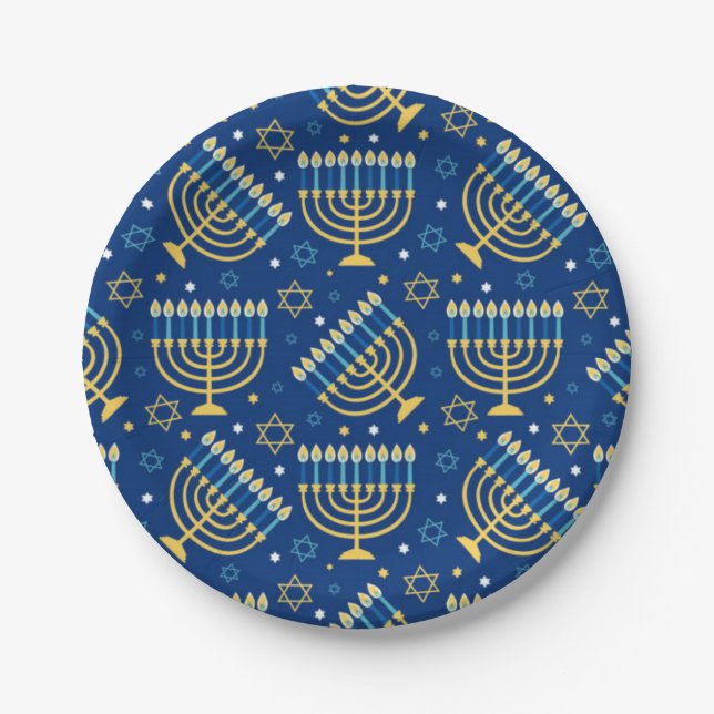 Happy Hanukkah Jewish Star Menorah Blue Paper Plat Plates (Front)