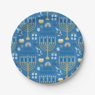 Happy Hanukkah Jewish Star Menorah Blue Paper Plates