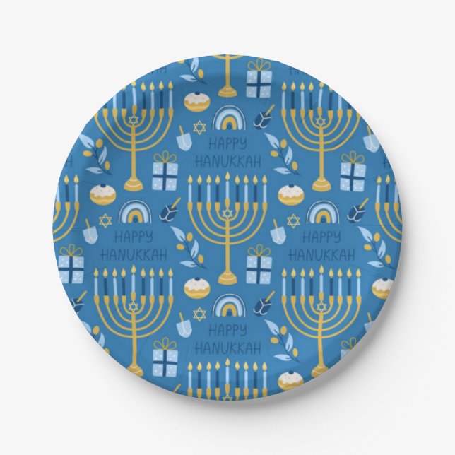 Happy Hanukkah Jewish Star Menorah Blue  Paper Plates (Front)