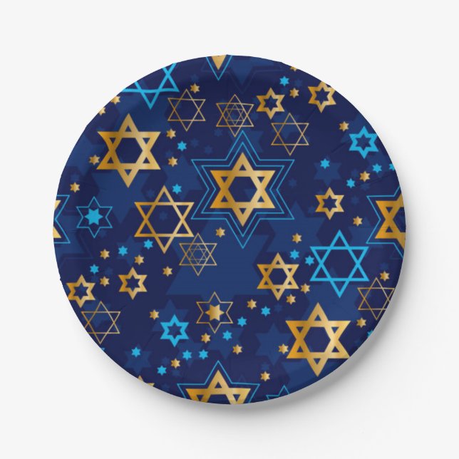 Happy Hanukkah Jewish Star Menorah Blue Paper Plates (Front)