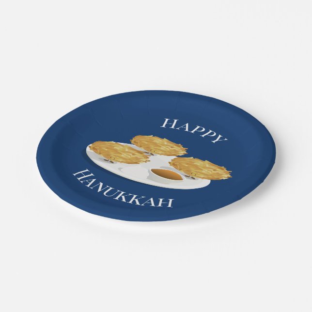 Happy Hanukkah Latkes Cartoon Blue Background Paper Plates (Angled)