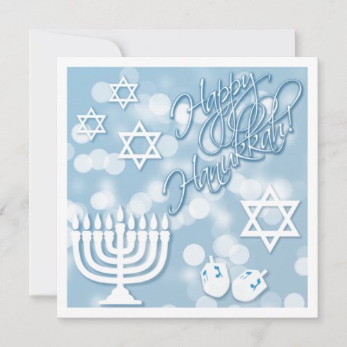 Happy Hanukkah Light Blue  White Bokeh Collage Holiday Card