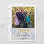 Happy Hanukkah Light Gray Photo Holiday<br><div class="desc">This Hanukkah greeting card features a square photo and trendy handwritten text "Happy Hanukkah" on a light gray background. The design is accented with light blue leaves.</div>