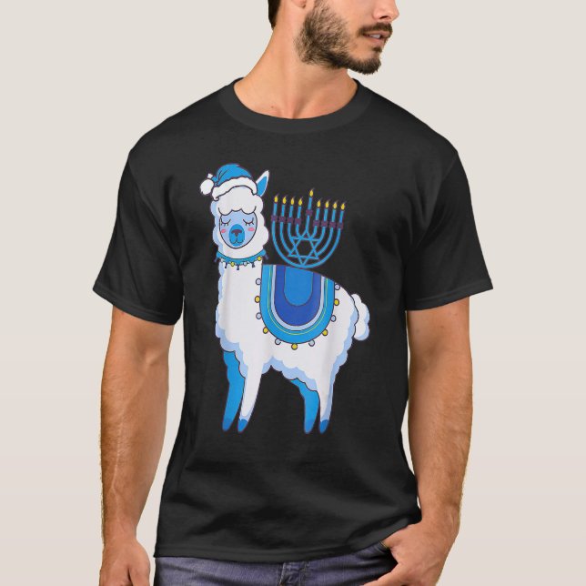 Happy Hanukkah Llamakkah Llama Menorah Alpaca Jewi T-Shirt (Front)