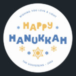 "Happy Hanukkah" Love and Light Classic Round Sticker<br><div class="desc">Festive personalized Hanukkah design.</div>