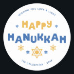 "Happy Hanukkah" Love and Light Classic Round Sticker<br><div class="desc">Festive personalized Hanukkah design.</div>