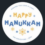 "Happy Hanukkah" Love and Light Classic Round Sticker<br><div class="desc">Festive personalized Hanukkah design.</div>