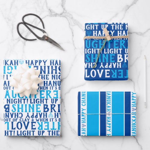 HAPPY HANUKKAH Love Light Laughter Blue  White Wrapping Paper Sheets