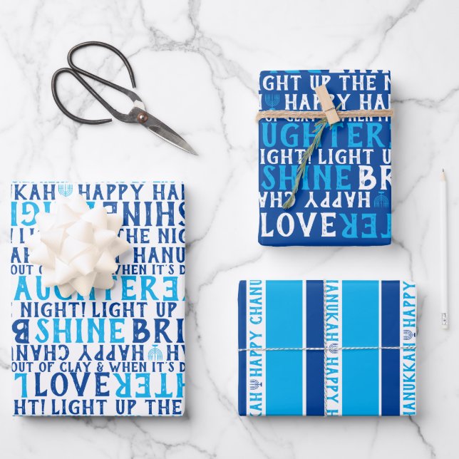 HAPPY HANUKKAH Love Light Laughter Blue & White Wrapping Paper Sheets (Front)
