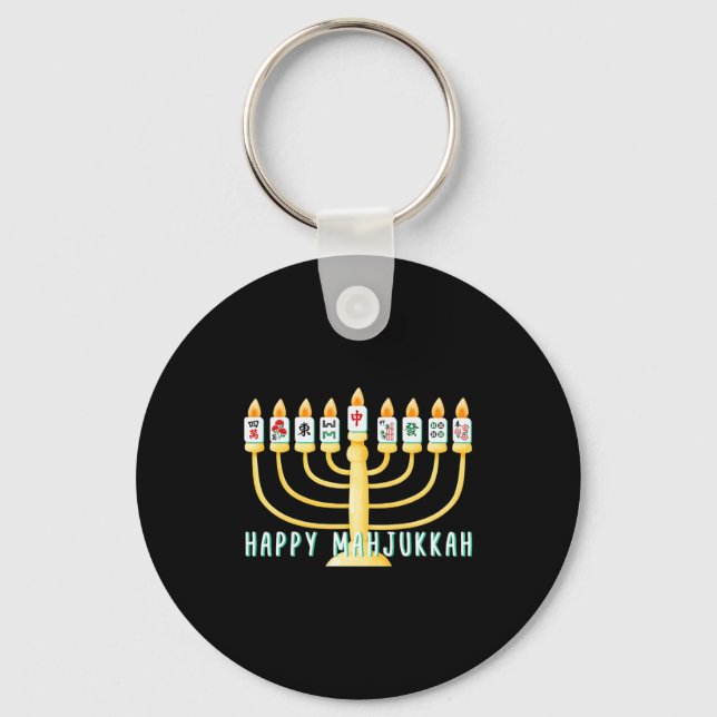 Happy Hanukkah Mahjong Menorah Mahjukkah Chanukkah Keychain (Front)