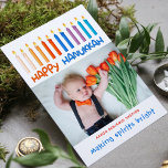 Happy Hanukkah Making Spirits Bright Photo<br><div class="desc">This holidays design features colorful candles with the modern text "Happy Hanukkah" in orange and blue typography. Add your favorite photo and text below (shown here as a Hanukkah Birth Announcement with baby's name) and the text "making spirits bright". The reverse is a solid blue. #hanukkah #chanukah #baby #birth #announcement...</div>