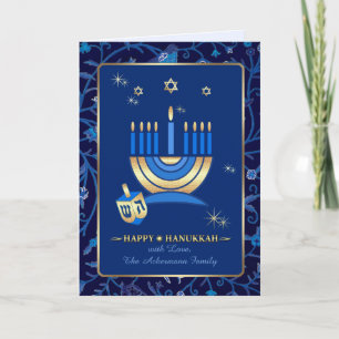 Happy Hanukkah. Menorah and Dreidel Holiday Card