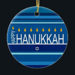 Happy Hanukkah Menorah and Dreidels Ceramic Ornam Ceramic Ornament<br><div class="desc">.Celebrate eight days and eight nights of the Festival of Lights with Hanukkah cards and gifts. The festival of lights is here. Light the menorah, play with the dreidel and feast on latkes and sufganiyots. Celebrate the spirit of Hanukkah with friends, family and loved ones by wishing them Happy Hanukkah....</div>
