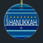Happy Hanukkah Menorah and Dreidels  Ceramic Ornam Ceramic Ornament<br><div class="desc">.Celebrate eight days and eight nights of the Festival of Lights with Hanukkah cards and gifts. The festival of lights is here. Light the menorah, play with the dreidel and feast on latkes and sufganiyots. Celebrate the spirit of Hanukkah with friends, family and loved ones by wishing them Happy Hanukkah....</div>