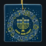 Happy Hanukkah Menorah and Dreidels Ceramic Orname Ceramic Ornament<br><div class="desc">.Celebrate eight days and eight nights of the Festival of Lights with Hanukkah cards and gifts. The festival of lights is here. Light the menorah, play with the dreidel and feast on latkes and sufganiyots. Celebrate the spirit of Hanukkah with friends, family and loved ones by wishing them Happy Hanukkah....</div>