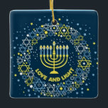 Happy Hanukkah Menorah and Dreidels Ceramic Orname Ornament<br><div class="desc">.Celebrate eight days and eight nights of the Festival of Lights with Hanukkah cards and gifts. The festival of lights is here. Light the menorah, play with the dreidel and feast on latkes and sufganiyots. Celebrate the spirit of Hanukkah with friends, family and loved ones by wishing them Happy Hanukkah....</div>