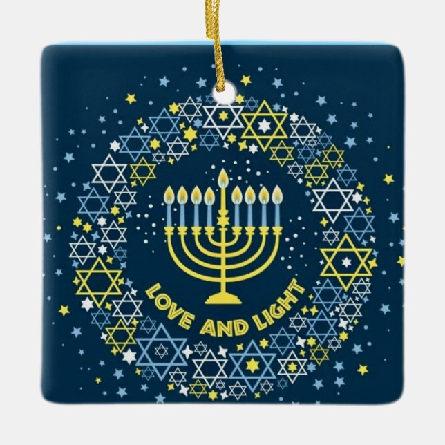 Happy Hanukkah Menorah and Dreidels Ceramic Orname Ornament (Front)