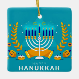 Happy Hanukkah Menorah and Dreidels Ceramic Ornament