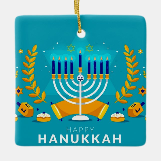 Happy Hanukkah Menorah and Dreidels  Ceramic Ornament (Front)