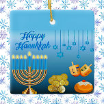 Happy Hanukkah Menorah and Dreidels Ceramic Ornament<br><div class="desc">.Celebrate eight days and eight nights of the Festival of Lights with Hanukkah cards and gifts. The festival of lights is here. Light the menorah, play with the dreidel and feast on latkes and sufganiyots. Celebrate the spirit of Hanukkah with friends, family and loved ones by wishing them Happy Hanukkah....</div>