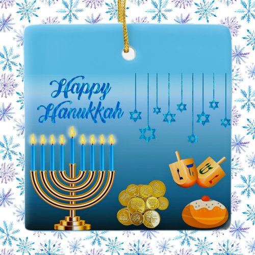 Happy Hanukkah Menorah and Dreidels Ceramic Ornament