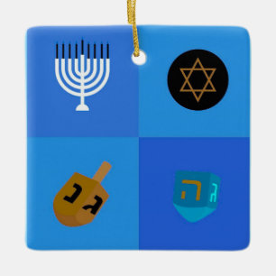Happy Hanukkah Menorah and Dreidels Ceramic Ornament