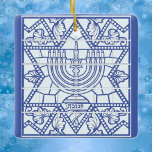 Happy Hanukkah Menorah and Star of David Ceramic Ornament<br><div class="desc">.Celebrate eight days and eight nights of the Festival of Lights with Hanukkah cards and gifts. The festival of lights is here. Light the menorah, play with the dreidel and feast on latkes and sufganiyots. Celebrate the spirit of Hanukkah with friends, family and loved ones by wishing them Happy Hanukkah....</div>